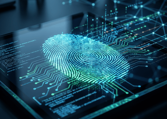 A glowing digital fingerprint on a tablet screen with circuit board patterns and code.