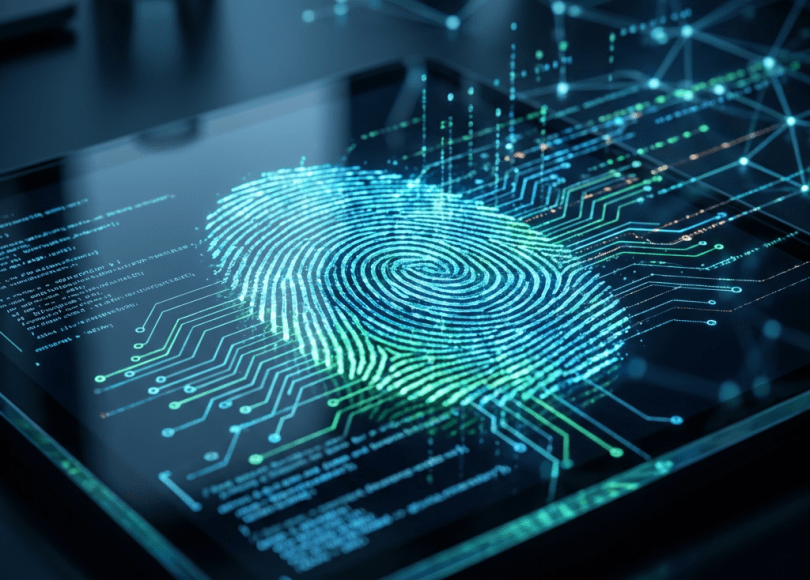 A glowing digital fingerprint on a tablet screen with circuit board patterns and code.
