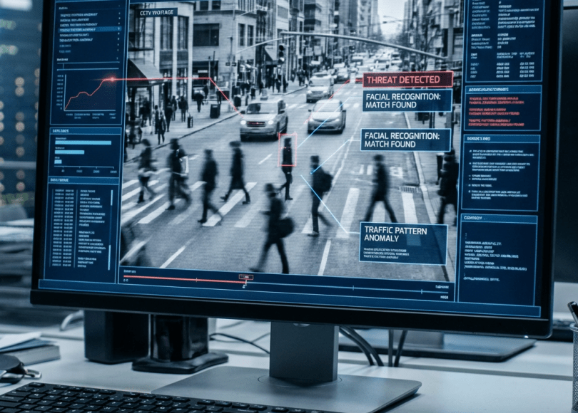 Surveillance monitor showing city street footage with facial recognition alerts and "THREAT DETECTED" overlays.