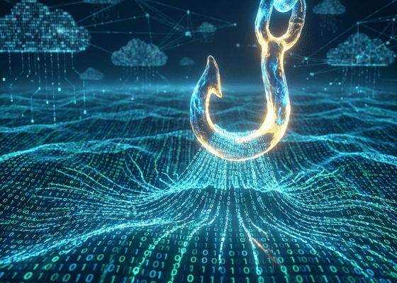 A glowing hook fishing for binary data in a digital network landscape.