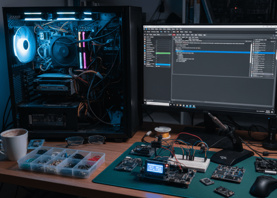 A desktop setup with a custom PC, code on a monitor, and electronic circuit boards.