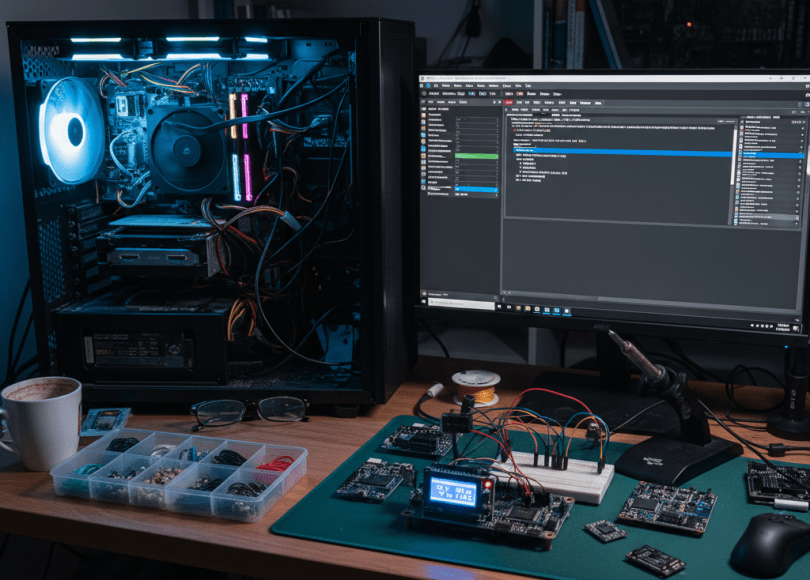 A desktop setup with a custom PC, code on a monitor, and electronic circuit boards.