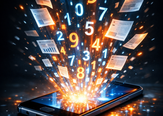 Smartphone with glowing numbers and digital documents floating above screen