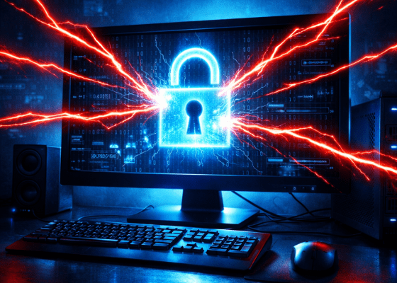 Computer monitor with glowing lock symbol under cyberattack with red lightning bolts