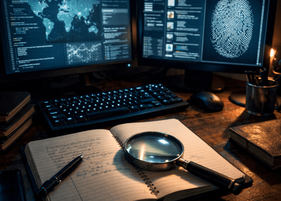 Dim desk with monitors, notebook, magnifying glass