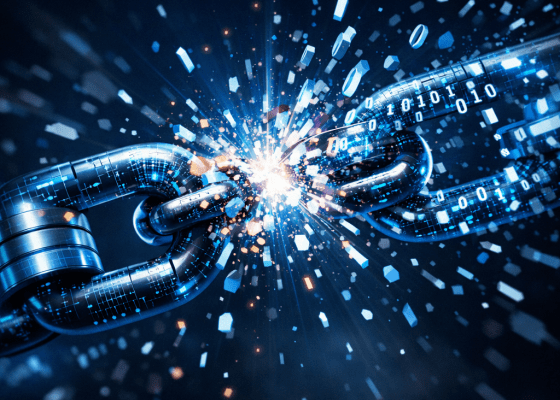 Metallic digital chain breaking with glowing binary digits and particles