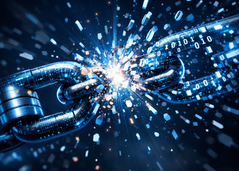 Metallic digital chain breaking with glowing binary digits and particles