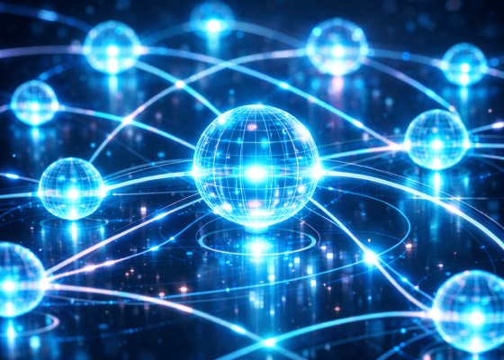 Multiple glowing blue digital spheres linked by bright curved light paths on a dark background symbolizing network connections
