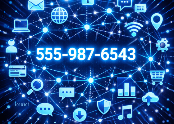 Phone number 555-987-6543 with surrounding digital connectivity icons