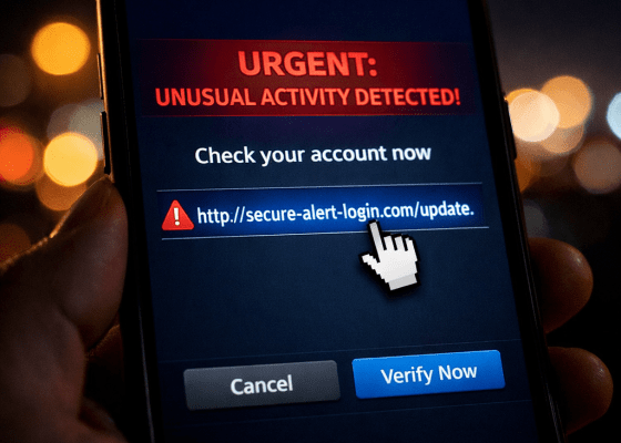 Mobile screen showing a phishing alert with URL to verify account