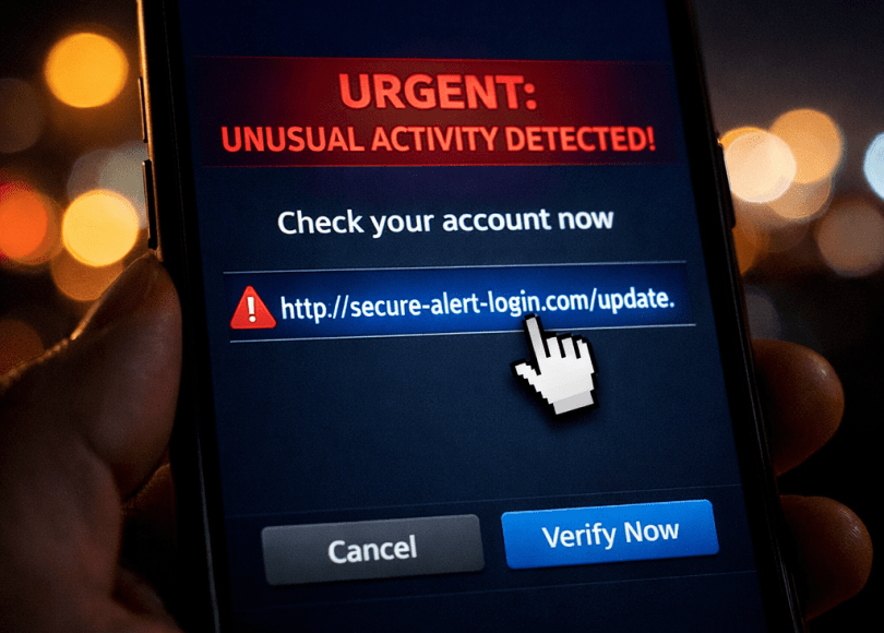 Mobile screen showing a phishing alert with URL to verify account