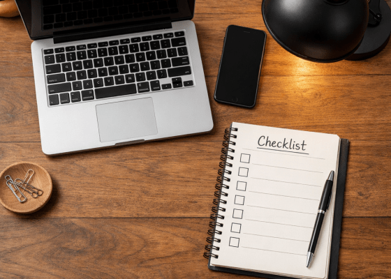 Laptop, smartphone, spiral notebook with checklist, pen, desk lamp on wooden surface