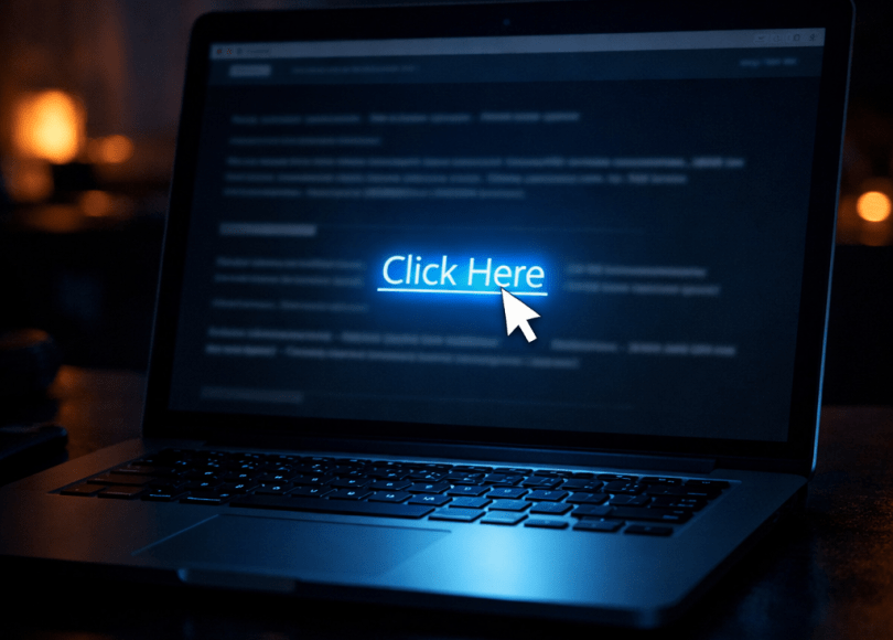 Laptop at night, cursor over glowing link