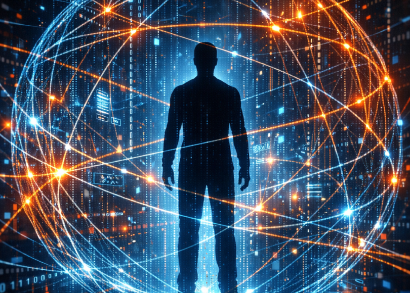 Silhouette of a person standing within a glowing sphere of interconnected digital data lines and binary code.