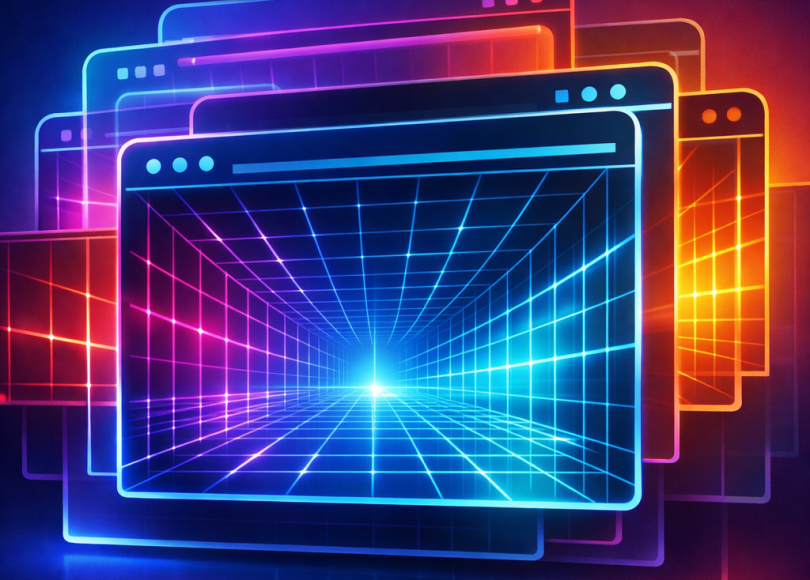 Multiple neon-colored browser windows with grid patterns forming a glowing tunnel