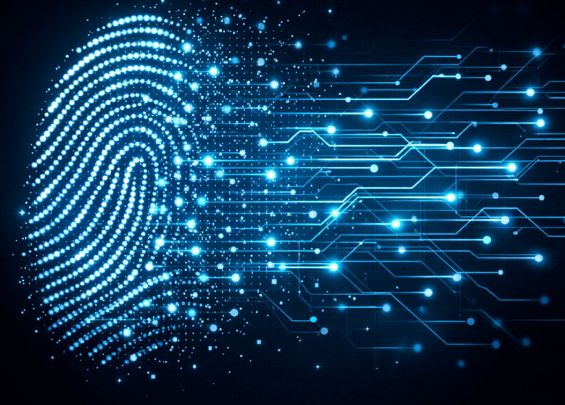 Glowing blue digital fingerprint transitioning into connected circuit lines