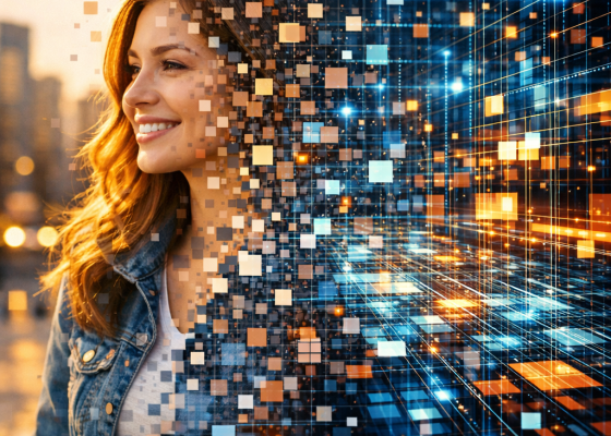 Young woman with brown hair smiling, blending into a digital grid of orange and blue squares and lights