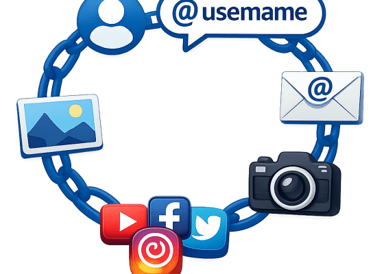 Circular chain connecting social media logos, camera, email, profile, username, and image icons