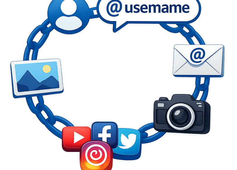 Circular chain connecting social media logos, camera, email, profile, username, and image icons