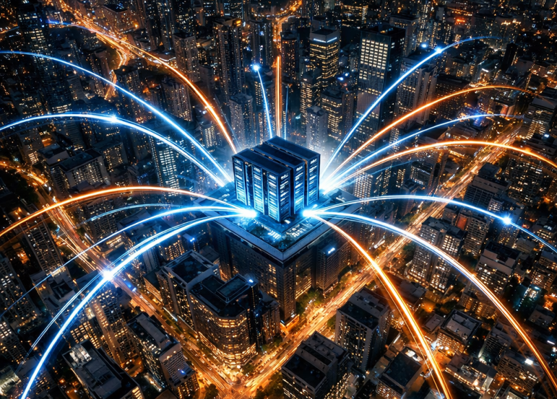 Central building representing data hub with blue and orange digital lines connecting throughout city