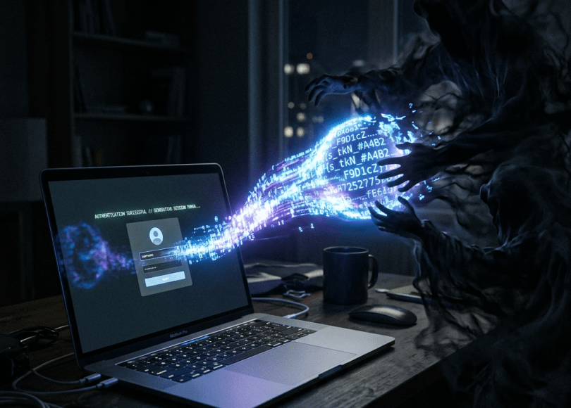 Shadowy figure stealing glowing digital data from laptop login screen