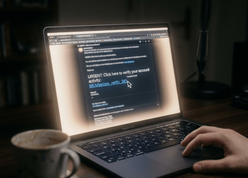 Laptop screen showing an email with urgent phishing message to verify account through a suspicious link