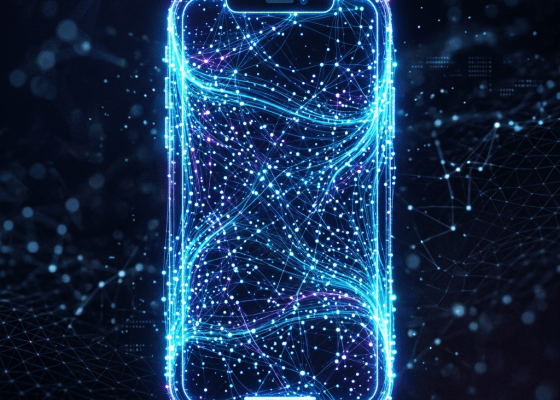 Wireframe model of a smartphone with glowing blue and purple network connections