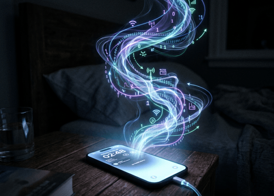 Smartphone glowing in dark room, ghostly data streams