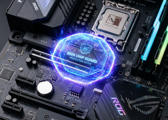 Motherboard with glowing digital overlay indicating BIOS chip guard protection active