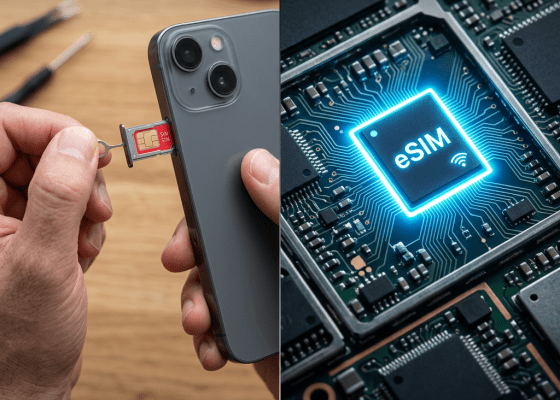 Left hand removing a physical sim card from a smartphone; right side glowing embedded eSIM chip on a circuit board