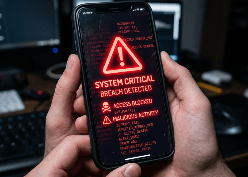 Smartphone screen showing system critical breach warning and malicious activity alert in red