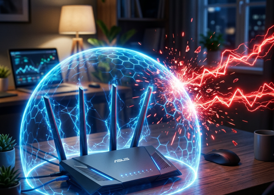 Wi-Fi router with glowing blue digital shield blocking red electric attack