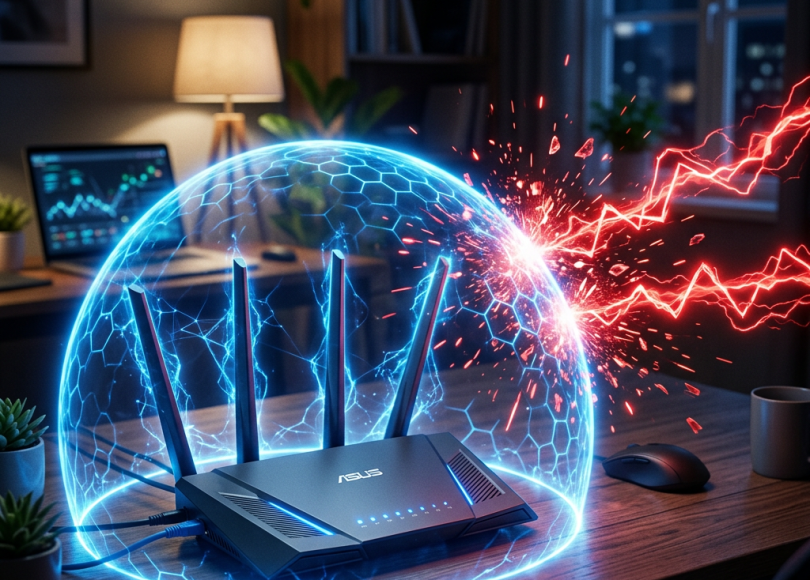 Wi-Fi router with glowing blue digital shield blocking red electric attack