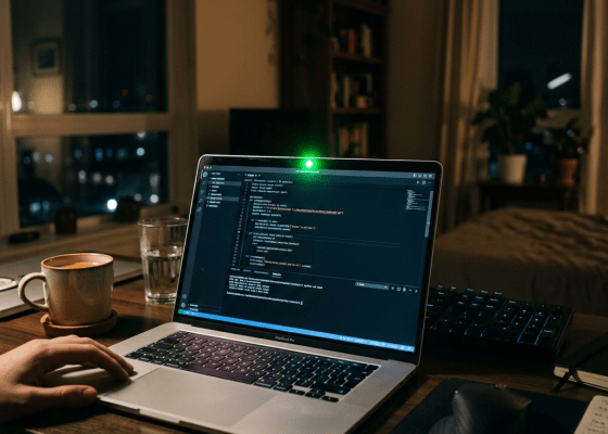 Laptop showing code editor on desk with coffee cup and glass of water at night