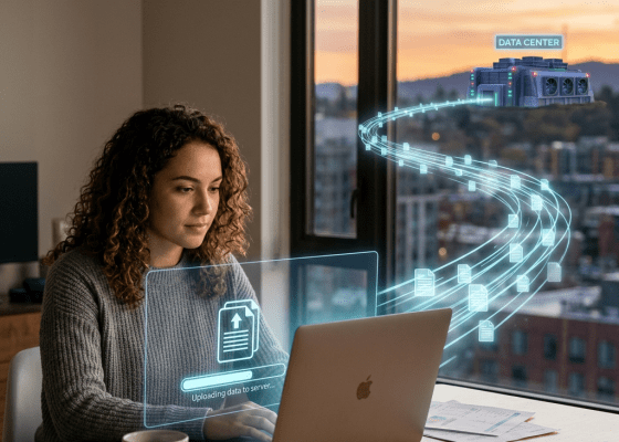 Woman using laptop with digital overlay showing data uploading to a data center