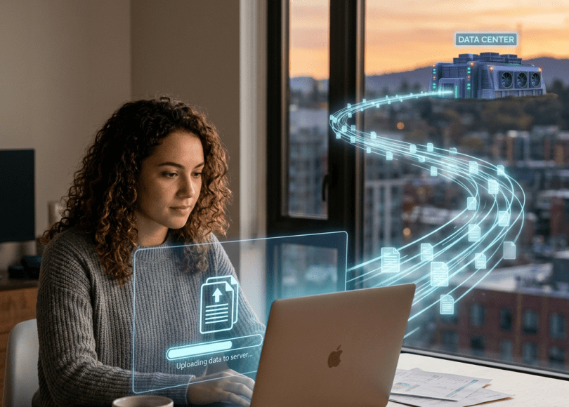 Woman using laptop with digital overlay showing data uploading to a data center