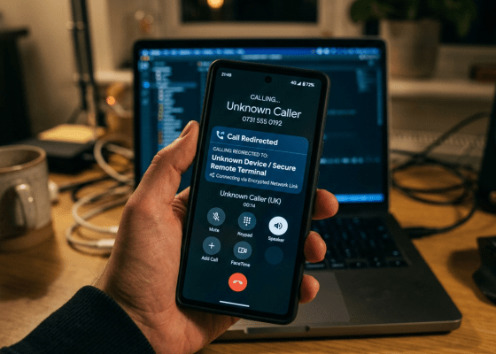 Smartphone showing a redirected call from an unknown caller with call options visible