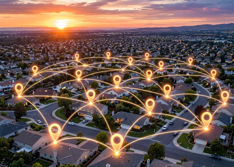 Suburban houses connected by glowing location markers representing a smart neighborhood network
