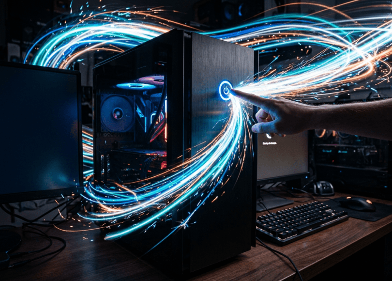 Hand pressing power button on desktop computer with glowing digital light trails