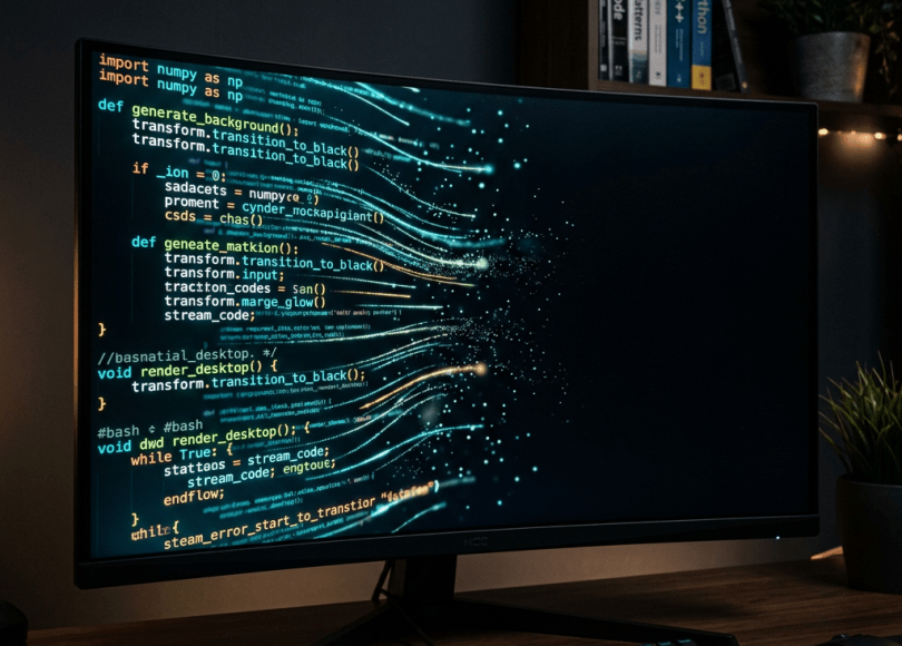 Flowing code transforming into black desktop background