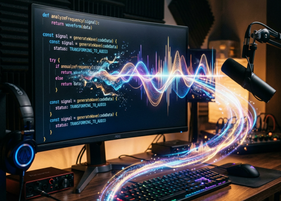 Computer screen displaying audio signal processing code with digital soundwave graphics flowing from keyboard to microphone.
