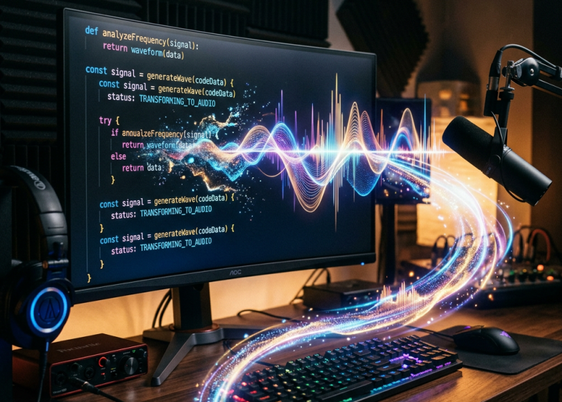 Computer screen displaying audio signal processing code with digital soundwave graphics flowing from keyboard to microphone.