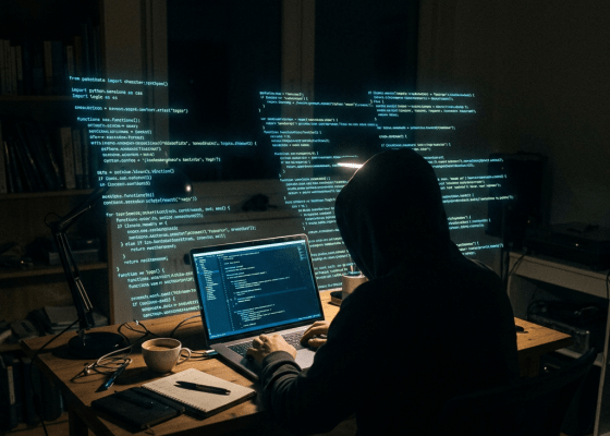 Person in hoodie coding on laptop with holographic code projections