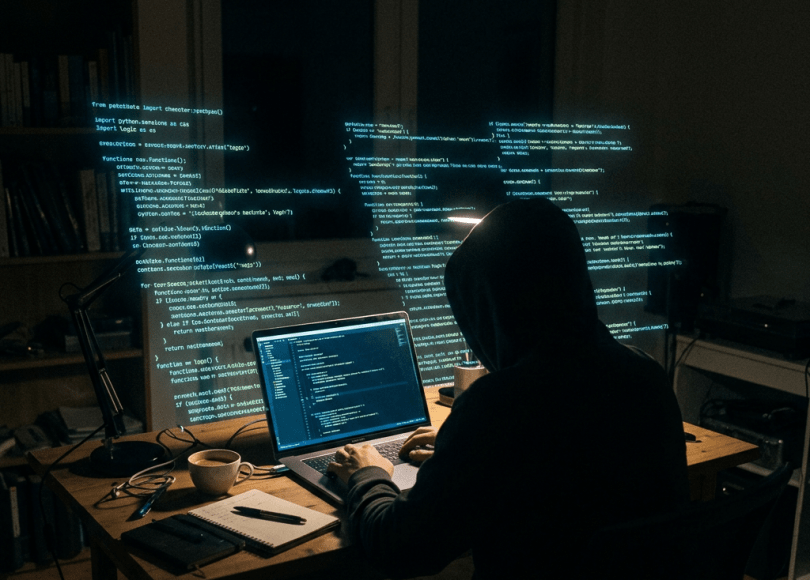 Person in hoodie coding on laptop with holographic code projections