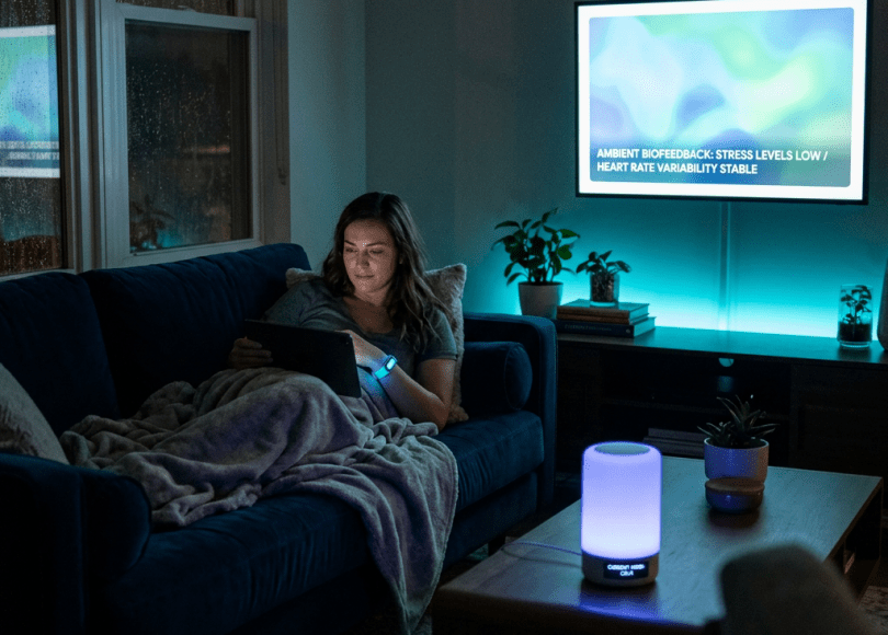 A woman lounging on a couch with a tablet, wearable device on wrist, and biofeedback display showing low stress and stable heart rate.