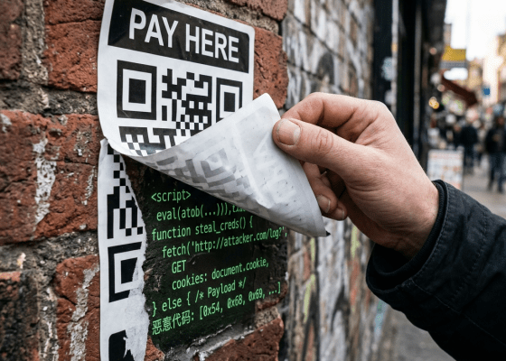 Hand peeling QR code sticker revealing malicious script code on brick wall