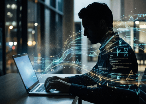 Person working on laptop with illuminated digital data streams around them