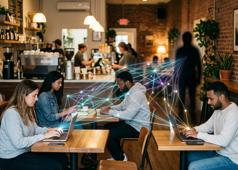 Four people working on laptops in a coffee shop with digital network connections between them