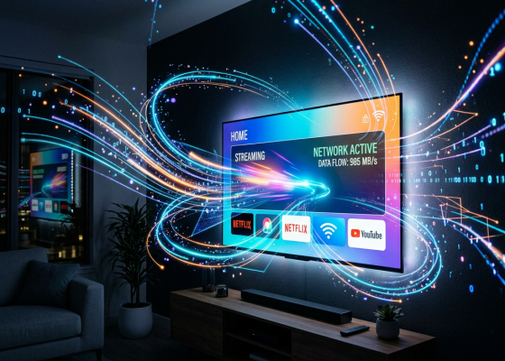Smart TV screen showing streaming apps and network active with data flow rate