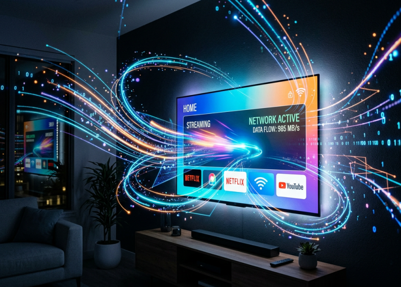 Smart TV screen showing streaming apps and network active with data flow rate